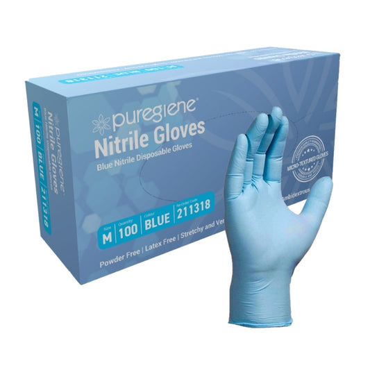 Puregiene Heavy Duty Nitrile Gloves Powder Free Blue Medium Box 100