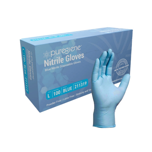 Puregiene Heavy Duty Nitrile Gloves Powder Free Blue Large Box 100