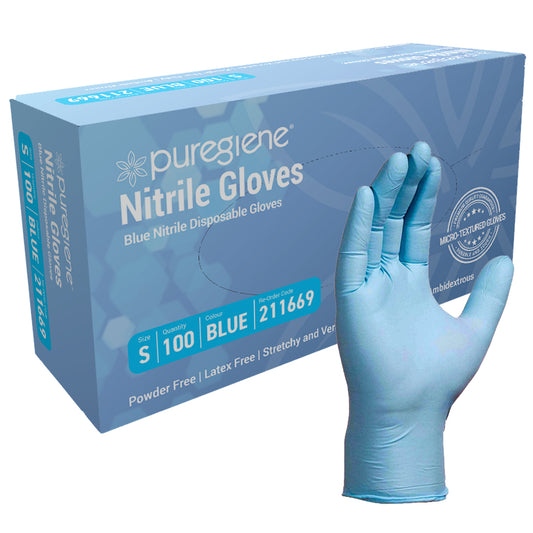 Puregiene Heavy Duty Nitrile Gloves Powder Free Blue Small Box 100