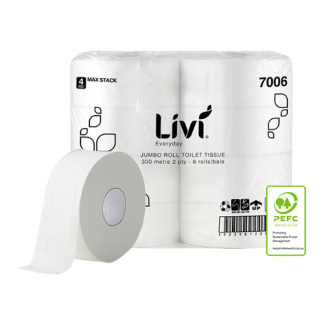 Livi Everyday Toilet Tissue Jumbo — 2-Ply, 300m, Carton of 8
