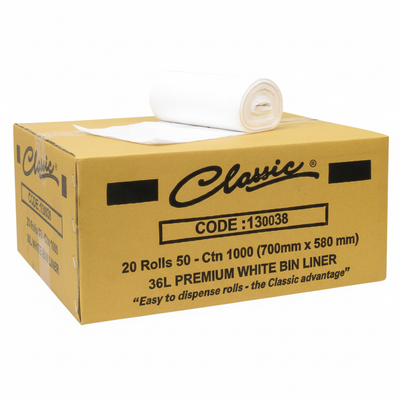 Classic Bin Liners — White, 36L, Carton of 1000 Rolls