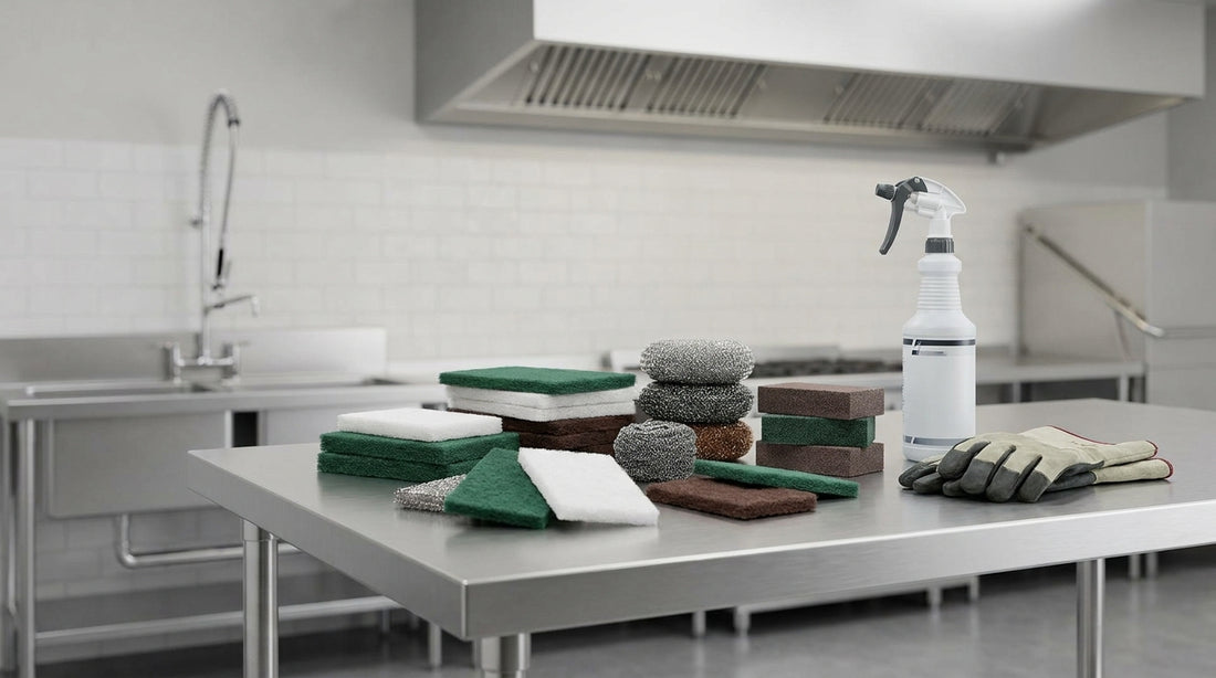 Assorted commercial scrubbing pads and cleaning abrasives on a stainless steel bench — blue, red, and green Cleanmax scourer pads with a stainless steel scourer for professional facility cleaning