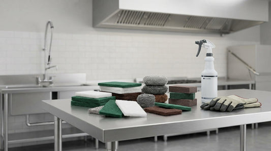 Assorted commercial scrubbing pads and cleaning abrasives on a stainless steel bench — blue, red, and green Cleanmax scourer pads with a stainless steel scourer for professional facility cleaning