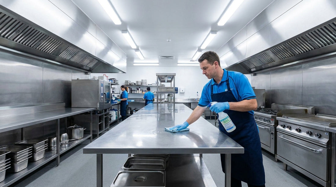 Professional cleaner applying food-safe degreaser in a commercial kitchen with stainless steel surfaces, Australia
