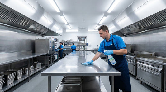 Professional cleaner applying food-safe degreaser in a commercial kitchen with stainless steel surfaces, Australia