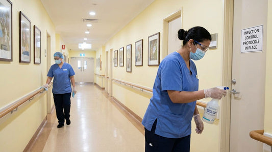 Aged care facility cleaning staff using hospital-grade disinfectant spray on surfaces for infection control compliance