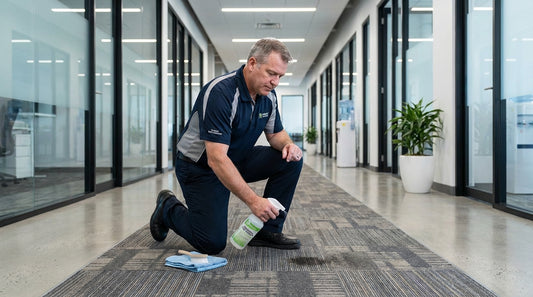 Commercial carpet stain remover being applied to office carpet by facility manager