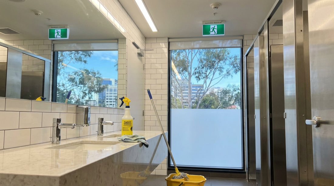 Professional commercial bathroom cleaner applied to gleaming tiles and chrome fixtures in an Australian office facility