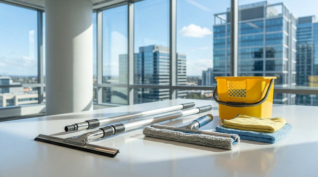 Professional commercial window cleaning equipment including squeegee, extension pole and T-bar for Australian facilities