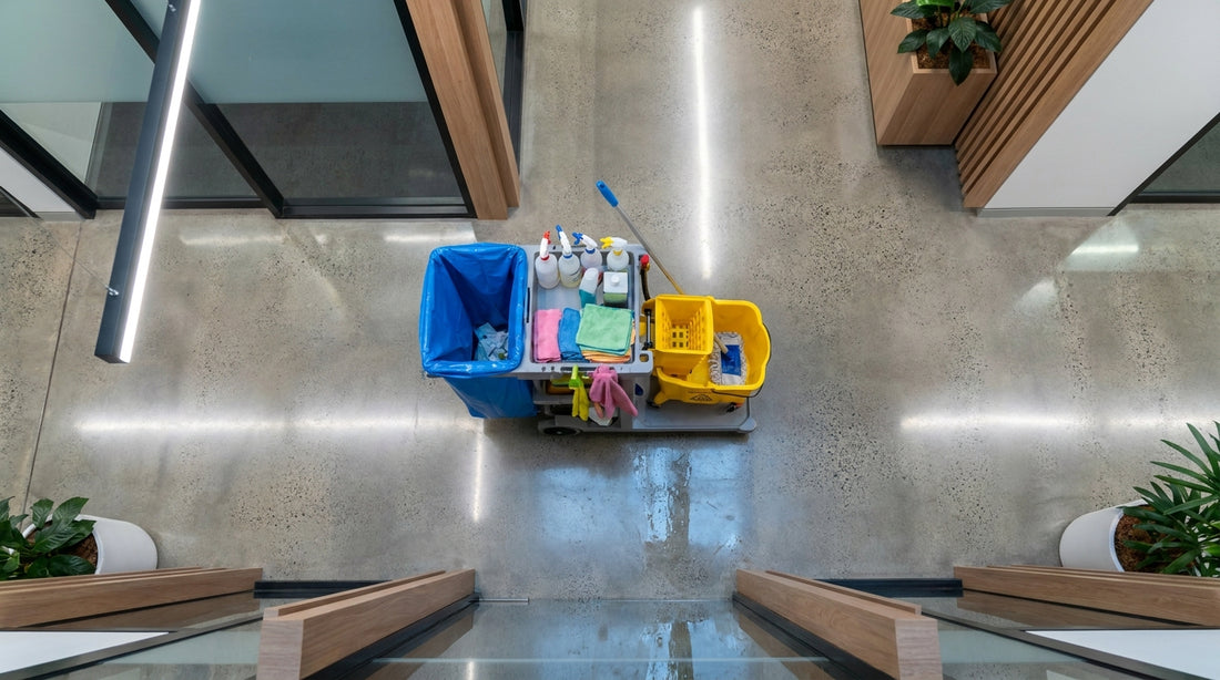 Commercial cleaning janitor trolley cart with blue bag and mop bucket in Australian office corridor