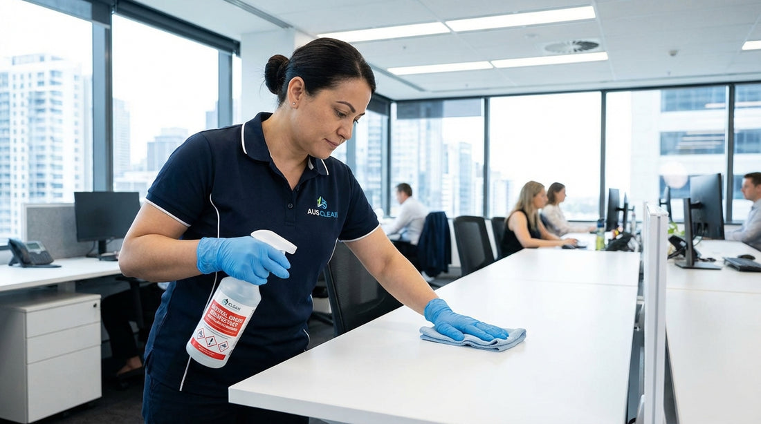 Professional cleaner applying hospital grade disinfectant spray to office desk surface in Australian commercial facility