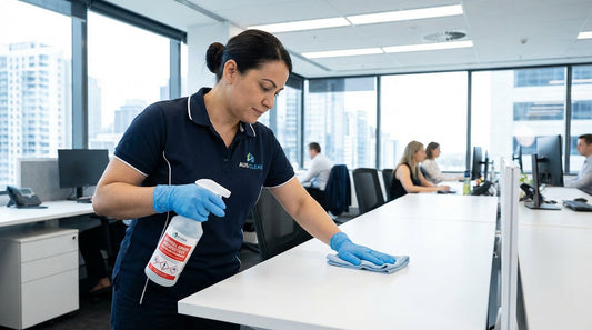 Professional cleaner applying hospital grade disinfectant spray to office desk surface in Australian commercial facility