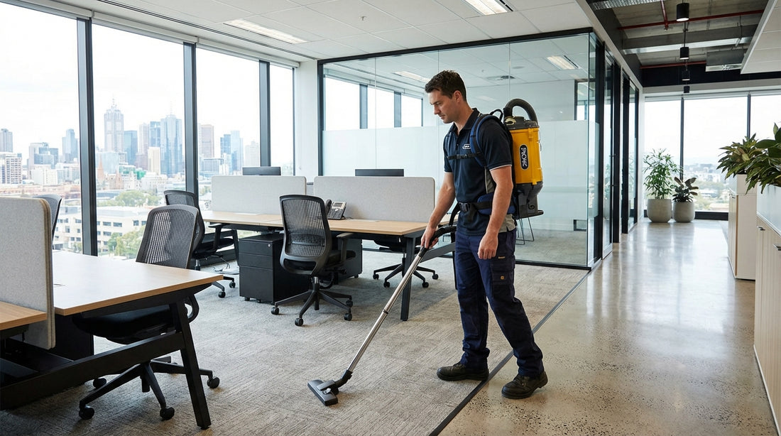 Professional commercial cleaner wearing Pacvac backpack vacuum cleaning an Australian office facility