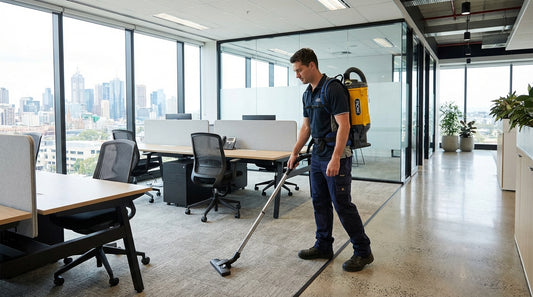 Professional commercial cleaner wearing Pacvac backpack vacuum cleaning an Australian office facility
