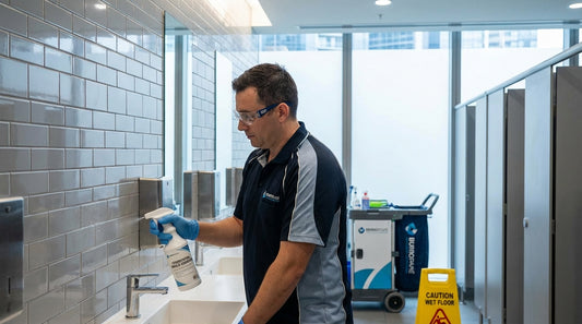 Professional cleaning technician applying commercial mould remover to bathroom tiles in Australian commercial facility