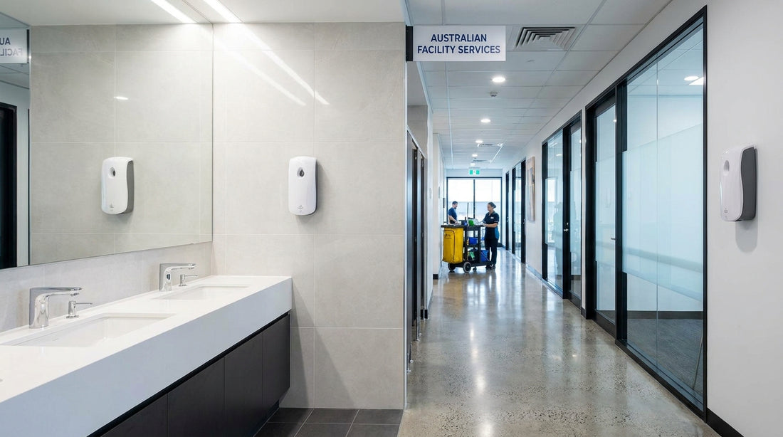 Commercial air freshener dispensers mounted in Australian facility washroom hallway, automatic metered system