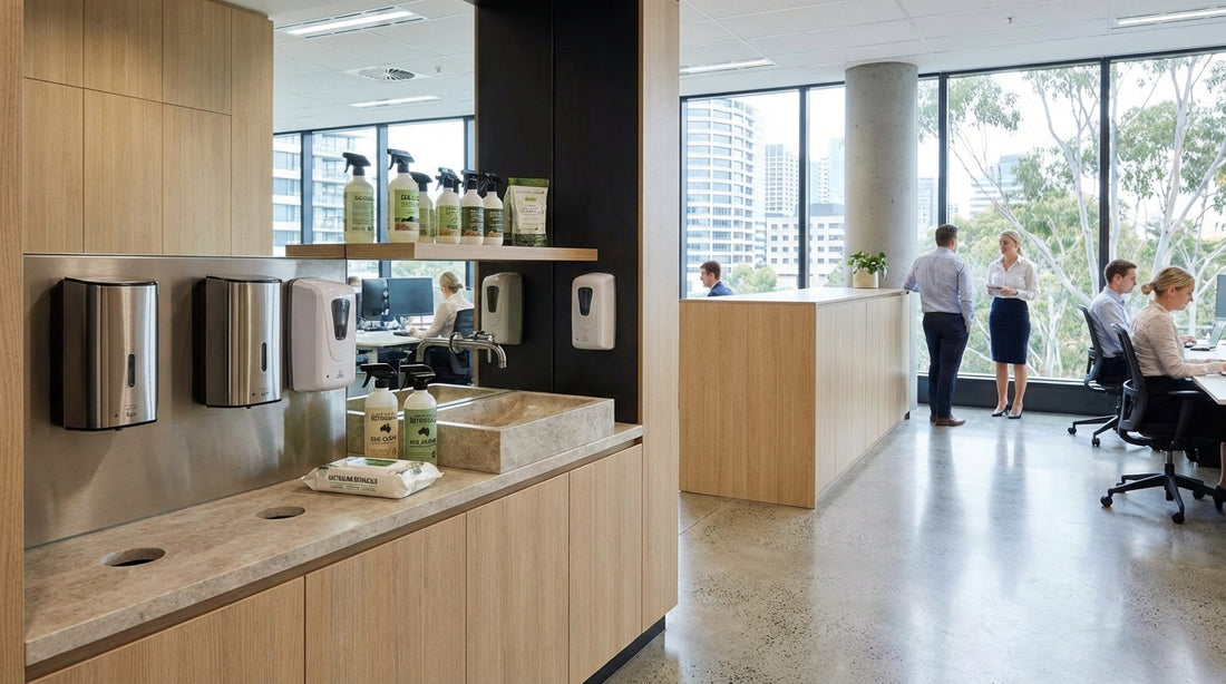 Workplace hygiene products including hand soap dispensers and sanitiser stations in a commercial Australian office facility
