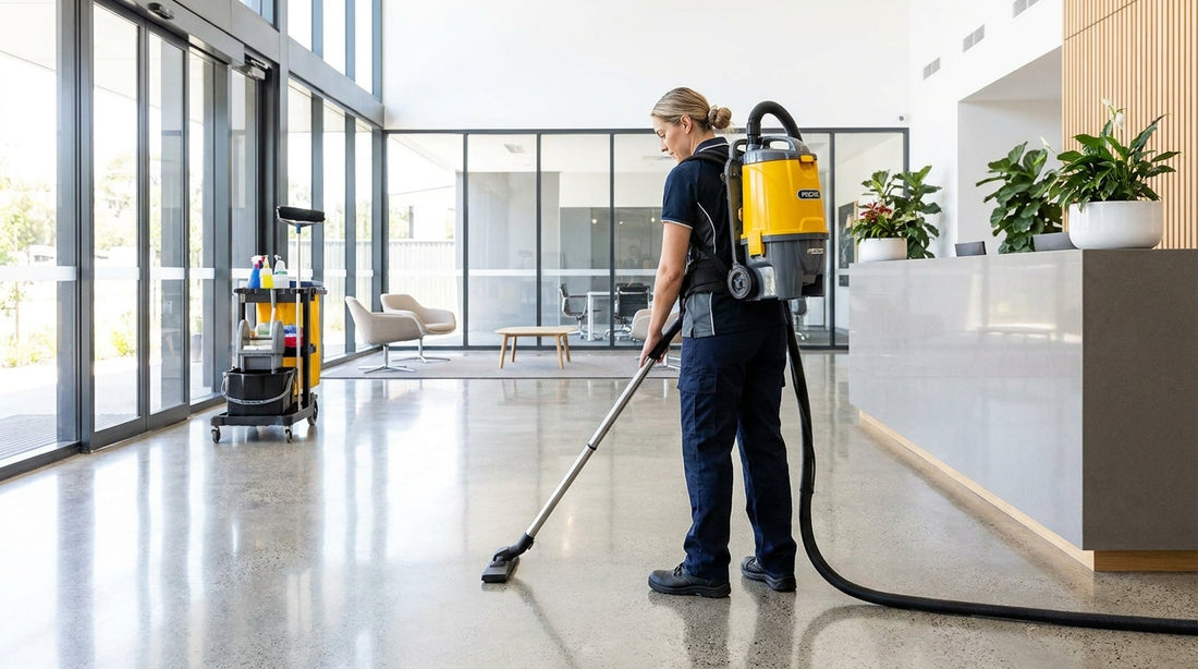 Professional facility cleaner wearing a Pacvac commercial backpack vacuum in a modern office lobby