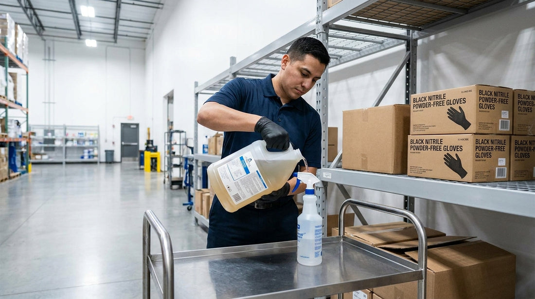 Professional facility worker wearing black powder-free nitrile gloves handling commercial cleaning chemicals in an Australian facility