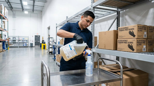 Professional facility worker wearing black powder-free nitrile gloves handling commercial cleaning chemicals in an Australian facility
