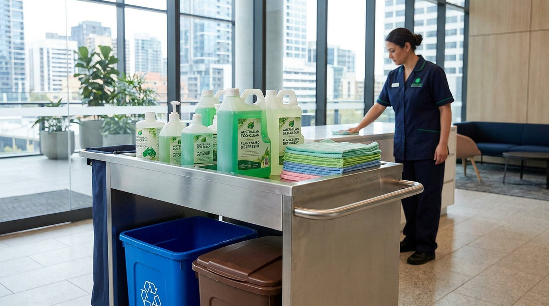 Eco-friendly commercial cleaning products including green biodegradable cleaners and sustainable supplies in an Australian facility