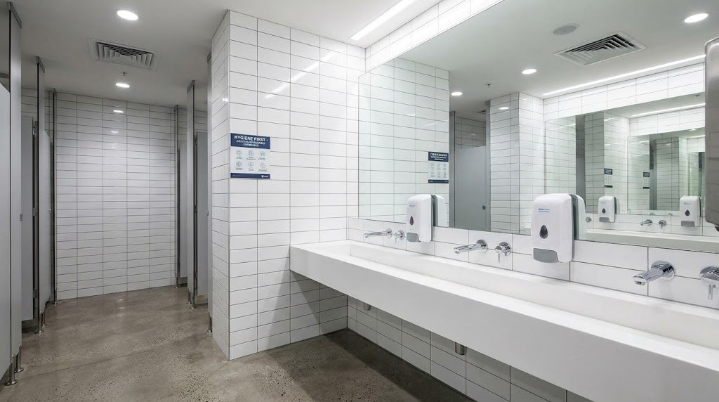 Commercial wall-mounted foam hand soap dispensers in a modern Australian workplace washroom with chrome fixtures
