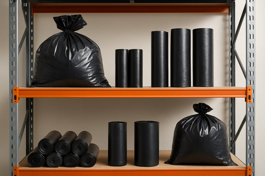 Commercial bin liners in various sizes stacked in an Australian commercial facility warehouse