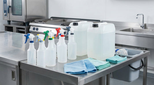 Food grade sanitizer spray bottles and cleaning equipment in a commercial kitchen setting