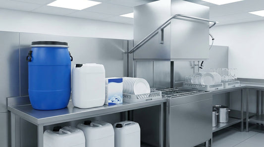 Commercial dishwashing chemicals for Australian kitchens — Cleanmax and Enviroplus dishwashing products arranged in a professional commercial kitchen setting.