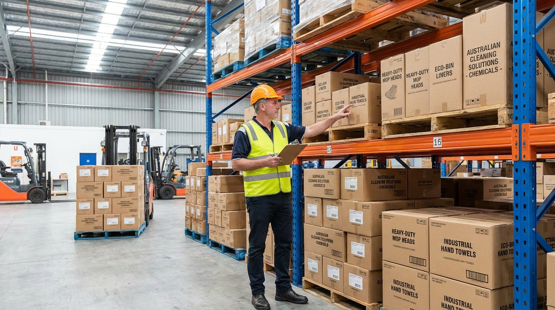 Facility manager reviewing bulk commercial cleaning supplies on warehouse shelving in Australia