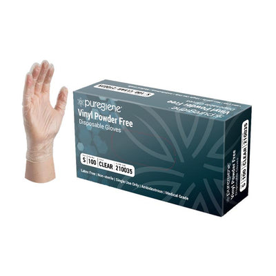 Puregiene Powder Free Clear Vinyl Gloves — Small, Box of 100