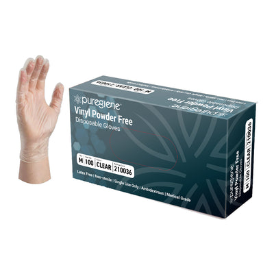 Puregiene Powder Free Clear Vinyl Gloves — Medium, Box of 100