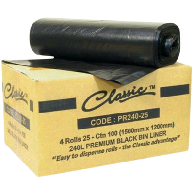 Classic Bin Liners Black — 240 L on Rolls, Carton of 100