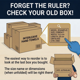 Cartoon illustration of cardboard boxes with text about checking box dimensions for reorder information.