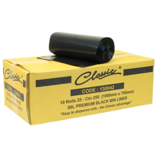 Classic Bin Liners Black Rolls 80L Carton 250