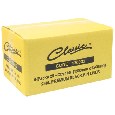 Classic Bin Liners Black 240L Carton of 100