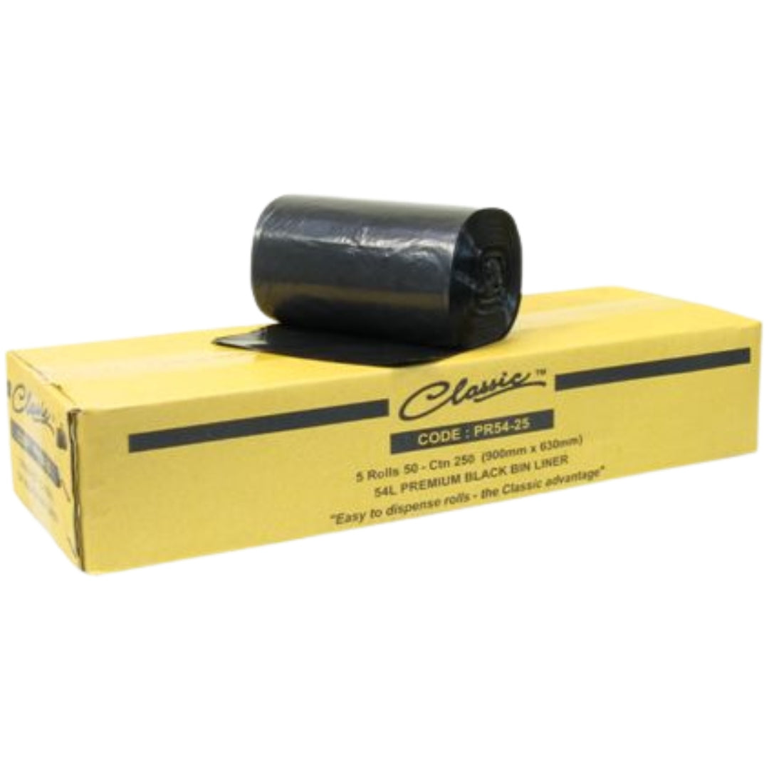 Classic Bin Liners Black Rolls 54L Carton 250