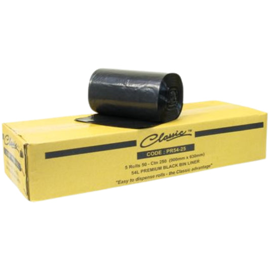 Classic Bin Liners Black Rolls 54L Carton 250