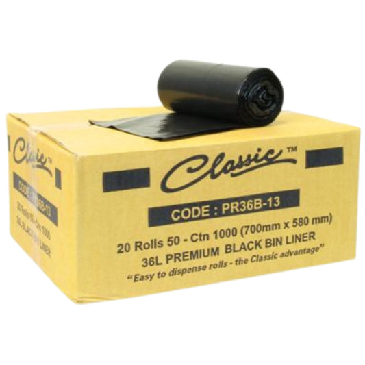 Classic Bin Liners Black Rolls 36L Carton 1000