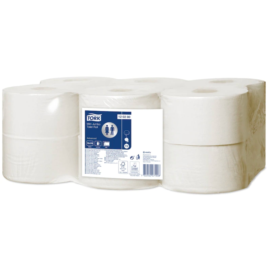 Tork Mini Jumbo Toilet Tissue T2 Advanced — 2 Ply, 170m, Carton of 12