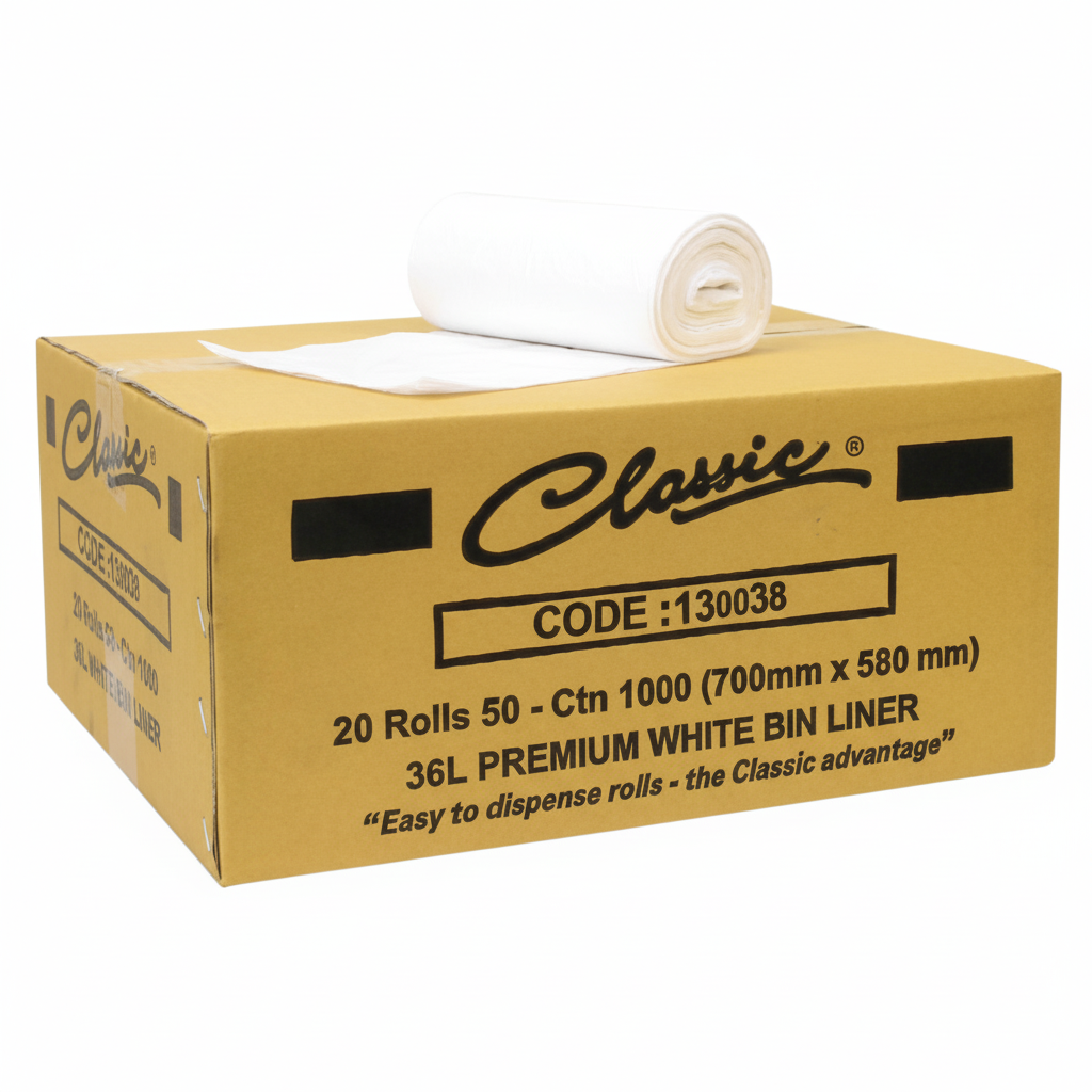 Classic Bin Liners — White, 36L, Carton of 1000 Rolls