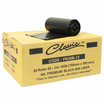 Classic Bin Liners — Black, 36L, Carton of 1000 Rolls
