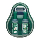 Two eye wash bottles in a green carrying case on a white background