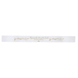 White sash with gold text and decorative elements on a white background