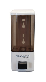 White and transparent Puregiene refillable soap dispenser 600ml on a white background