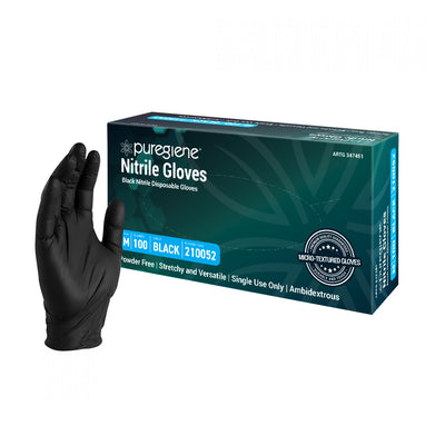 Puregiene Nitrile Gloves Powder Free — Black, Medium, Box of 100