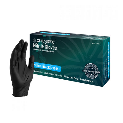 Puregiene Nitrile Gloves Powder Free — Black, Small, Box of 100
